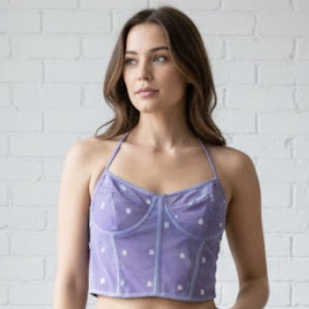 MAPALE Lilac Heart Embroidered Mesh Longline Bustier Bra Romantic - Size S